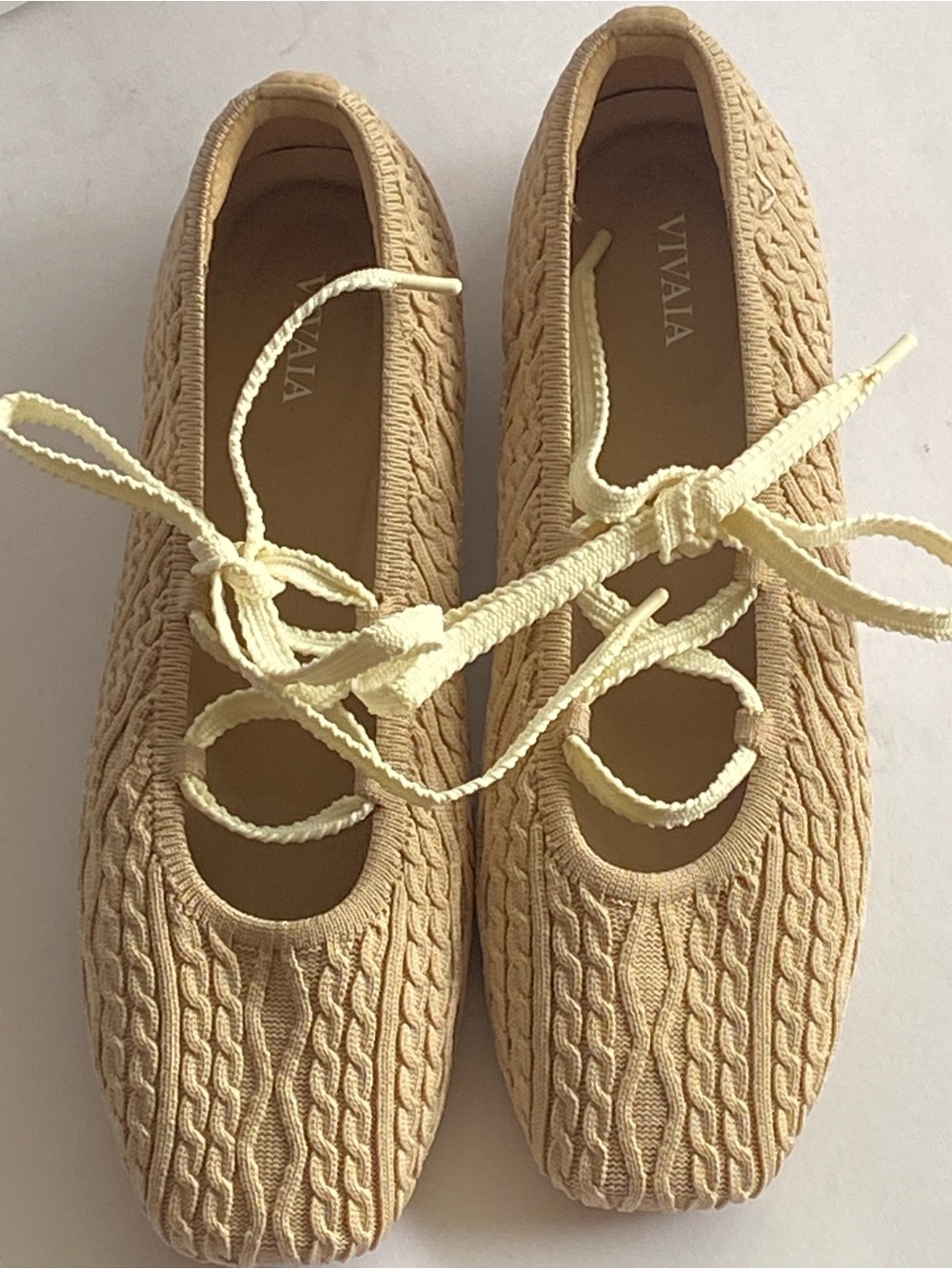 NWOB VIVAIA Cable Knit Lace-Up Ballet Flat Beige EU 39 US 8.5 Square Toe Comfort - Picture 9 of 13